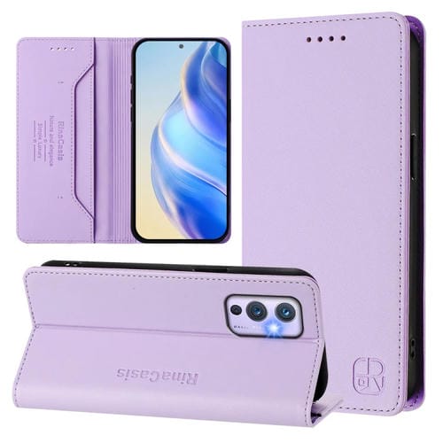 Funda de Cuero con Doble Pliegue y Succión Magnética Rfid para OnePlus 9 Rc01 (Morado Claro)