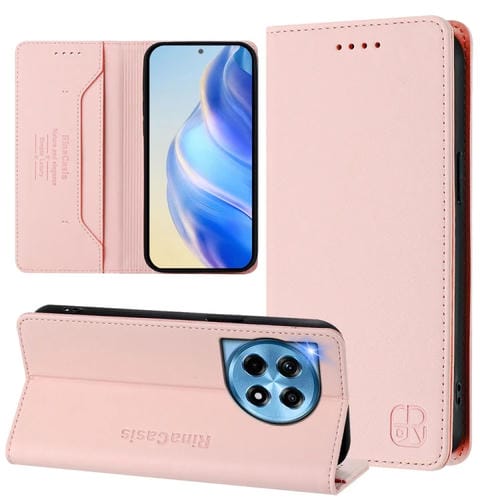 Funda de Cuero con Doble Pliegue y Succión Magnética para OnePlus 12 Global Rc01 (Rosa)