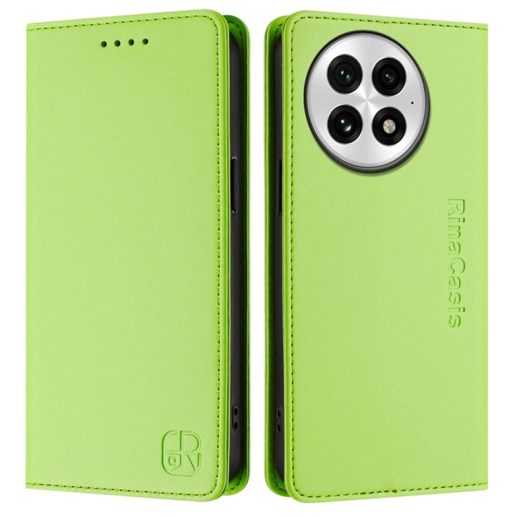 Funda de Cuero con Doble Pliegue y Succión Magnética RFID para OnePlus 13 Rc01 (Verde Hierba)