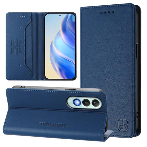 Funda de Cuero con Doble Pliegue y Succión Magnética RFID para OnePlus Nord CE4 RC01 (Azul Oscuro)