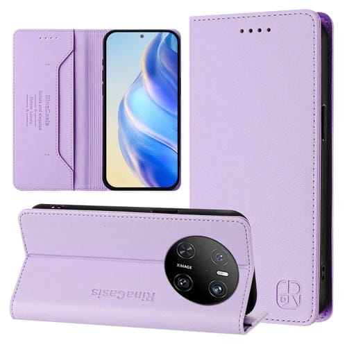 Funda de Cuero Huawei Mate 70 Rc01 con Doble Pliegue y Succión Magnética Rfid (Morado Claro)
