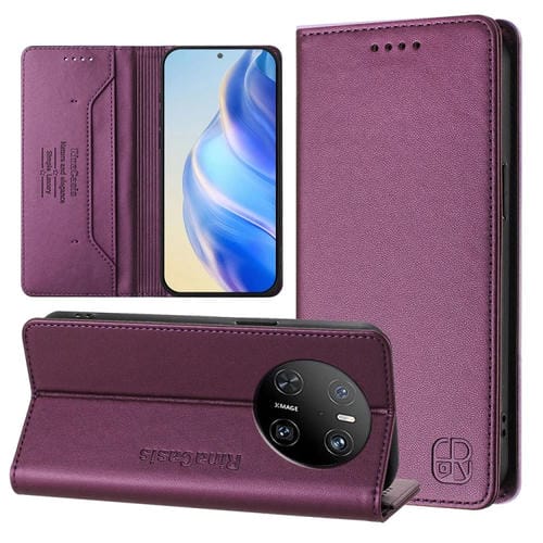 Funda de Cuero con Doble Pliegue y Succión Magnética RFID para Huawei Mate 70 Rc01 (Violeta)