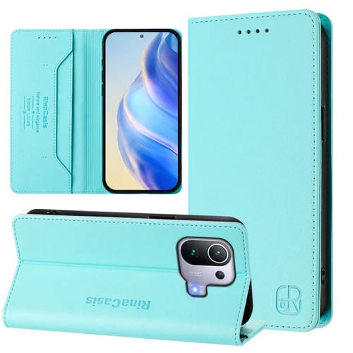 Funda de Cuero con Doble Pliegue y Succión Magnética para Xiaomi Mi 11 Pro Rc01 (Verde Menta)