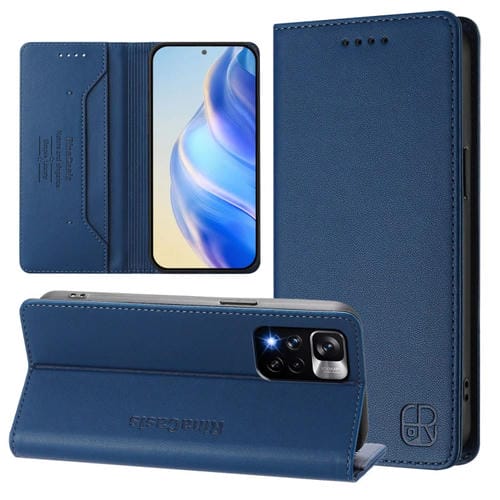 Funda de Cuero con Doble Pliegue y Succión Magnética para Redmi Note 11 Pro+ 5G, Modelo Europeo Rc01 (Azul Oscuro)