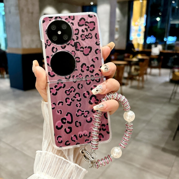 Funda para Teléfono Huawei Pocket 2 con Pulsera Integrada Diseño Leopardo y Plumas (Morado)