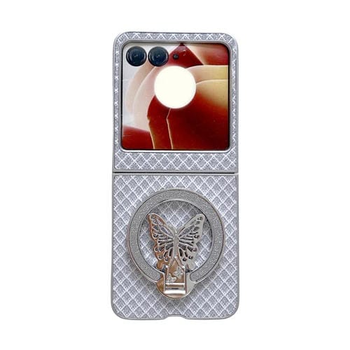 Funda para Teléfono Motorola Razr 50 Ultra con Soporte PC y Diseño de Rombos y Diamantes (Plateada)