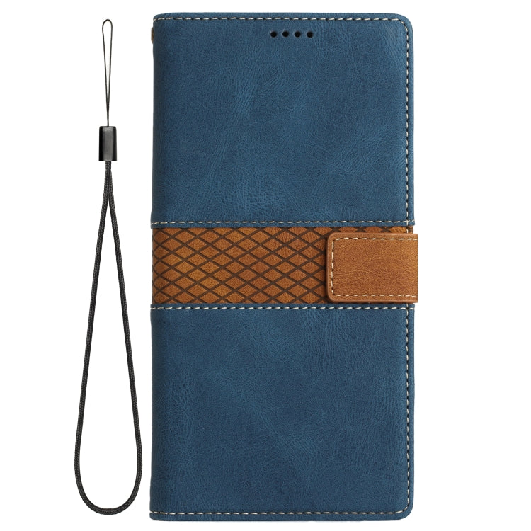 Funda de Cuero con Costuras de Cuadrícula para iPhone 15 Plus con Cordón (Azul)