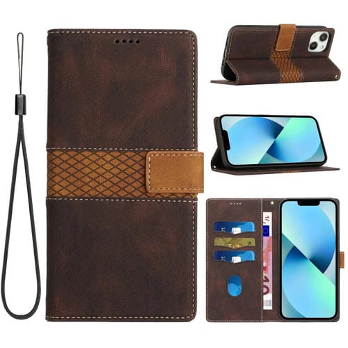 Funda de Cuero para iPhone 13 con Costuras de Cuadrícula y Cordón (Marrón)