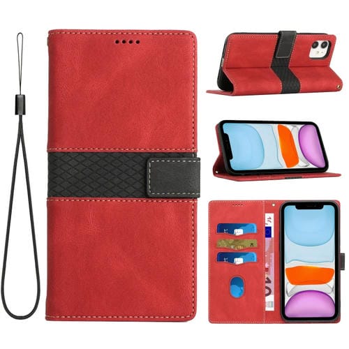 Funda para iPhone 11 de Cuero con Costuras en CuadrĂcula y CordĂłn (Rojo)