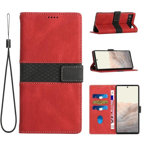 Funda de Cuero con Costuras en Cuadrícula para Google Pixel 6A con Cordón (Rojo)