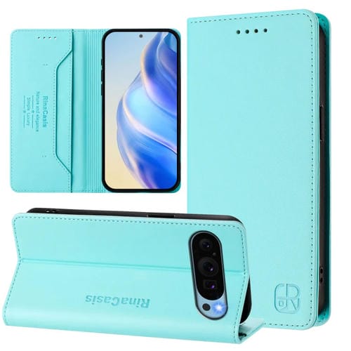 Funda de Cuero con Doble Pliegue y Succión Magnética RFID para Google Pixel 9 Pro XL Rc01 (Verde Menta)