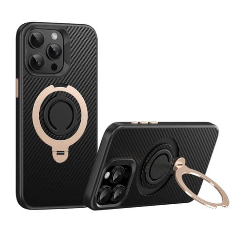 Funda para Teléfono Magsafe Fibra de Carbono iPhone 15 Pro Soporte Giratorio 360 (Oro Negro)