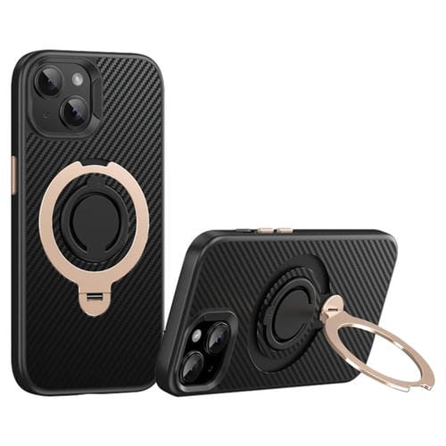 Funda de Teléfono Magsafe Fibra de Carbono para iPhone 15 Plus 14 Plus con Soporte Giratorio 360 Grados (Oro Negro)