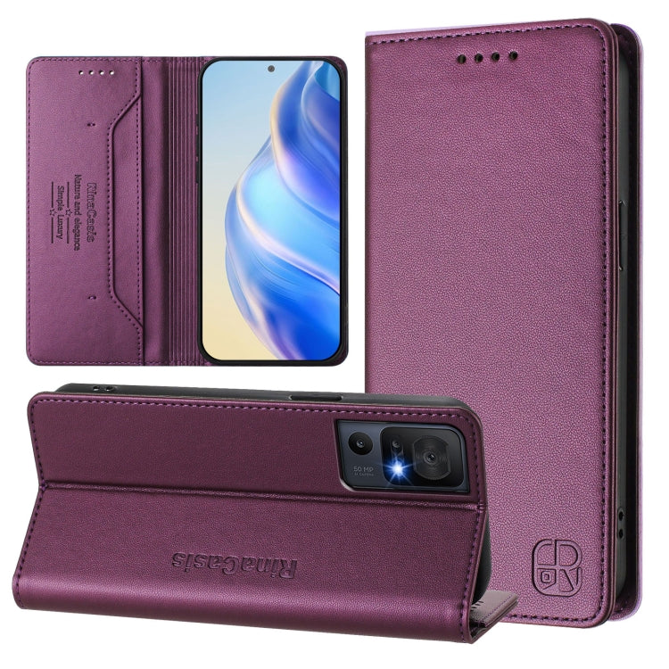 Funda de Cuero con Doble Pliegue y Succión Magnética RFID para TCL 40 SE RC01 (Violeta)
