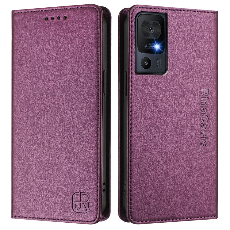 Funda de Cuero con Doble Pliegue y Succión Magnética RFID para TCL 40 SE RC01 (Violeta)