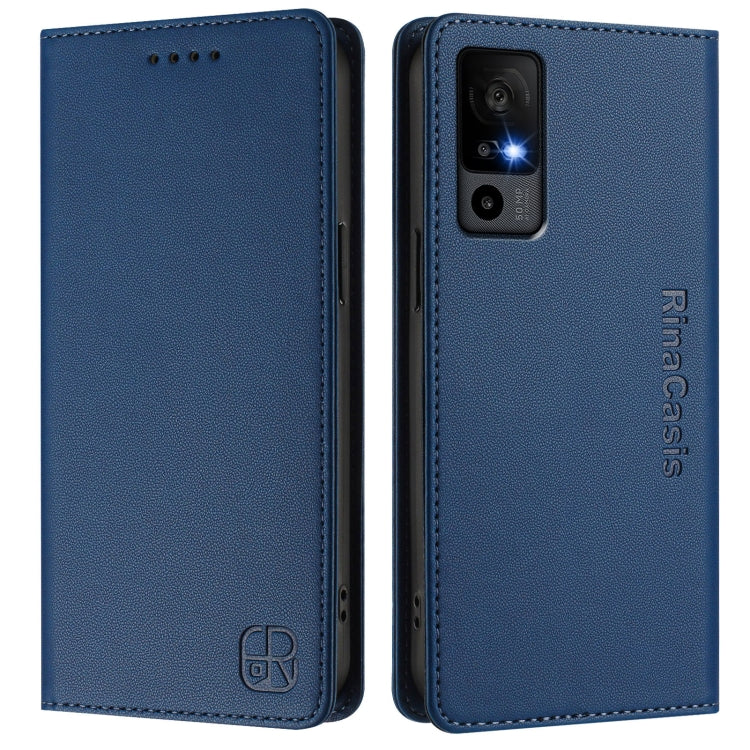 Funda de Cuero con Doble Pliegue y Succión Magnética RFID para TCL 40 R 5G Rc01 (Azul Oscuro)