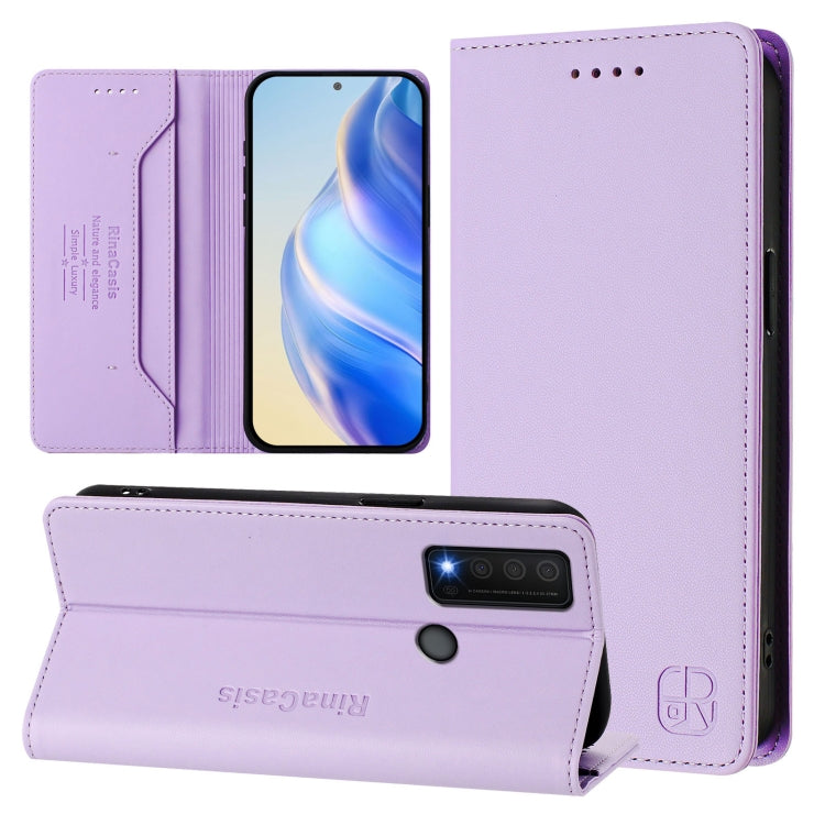 Funda de Cuero con Doble Pliegue y Succión Magnética Rfid para TCL 30 Xe 5G Rc01 (Morado Claro)