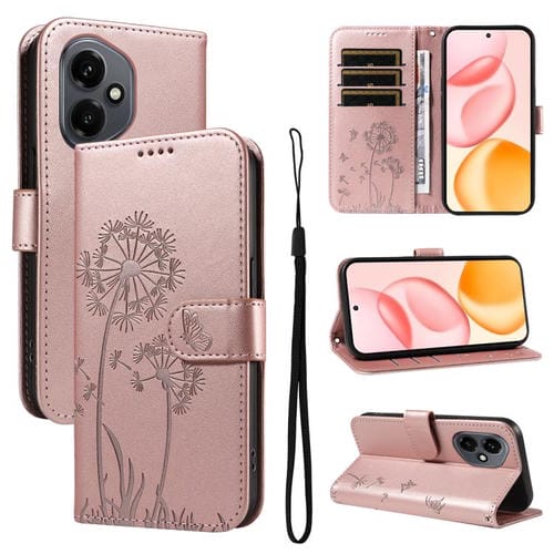 Funda de cuero con tapa y diseño de diente de león en relieve para Honor 400 Global (156,5 mm) (oro rosa)