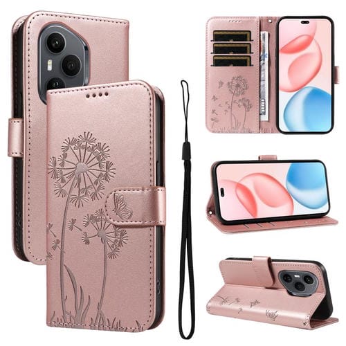 Funda de cuero con tapa y diseño de diente de león en relieve para Honor 400 Pro Global (160,8 mm) (oro rosa)