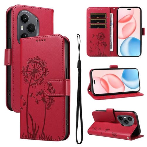 Funda de cuero con tapa y diseño de diente de león en relieve para Honor 400 Pro Global (160,8 mm) (Rojo)