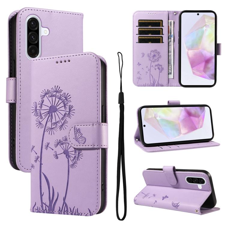 Funda de cuero con tapa y estampado de diente de león para Samsung Galaxy A36 5G (morado)