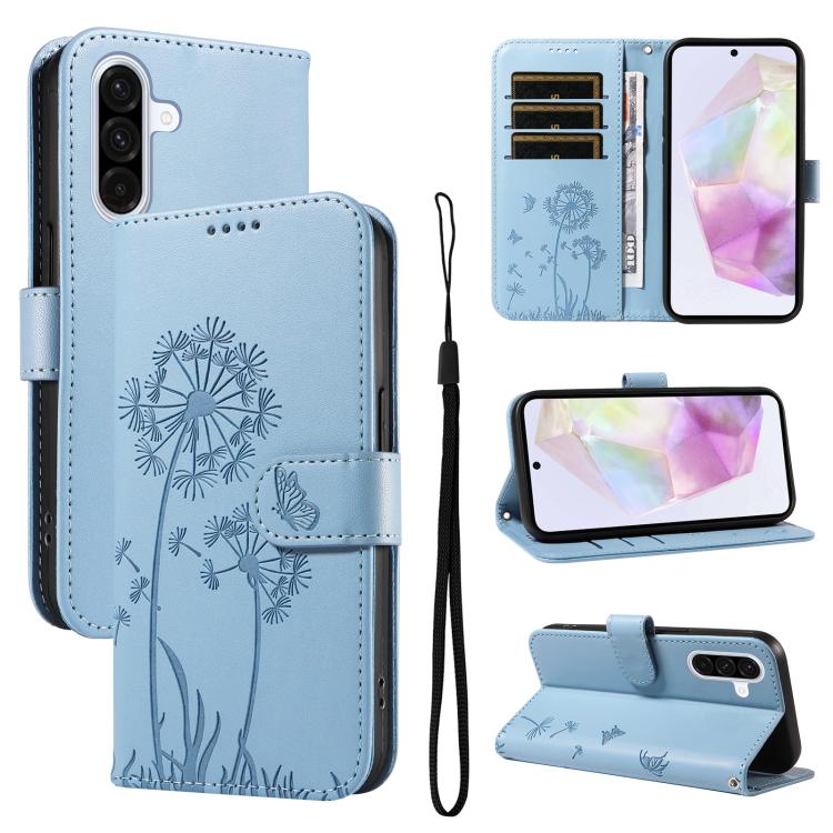 Funda de cuero con tapa y estampado de diente de león para Samsung Galaxy A36 5G (azul cielo)