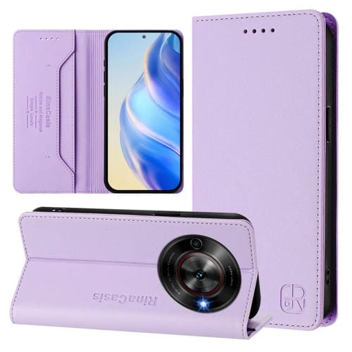 Funda de Cuero con Doble Pliegue y Succión Magnética RFID para ZTE Blade A75 5G y Nubia Focus 5G Rc01 (Morado Claro)