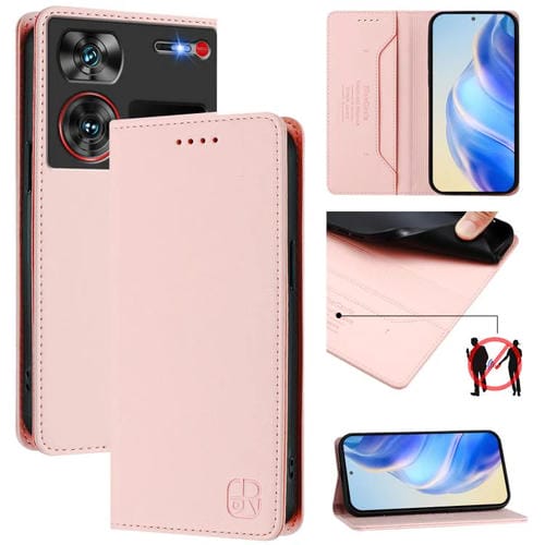 Funda de Cuero con Doble Pliegue y Succión Magnética Rfid para ZTE Nubia Z60 Ultra Rc01 (Rosa)