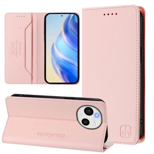 Funda de Cuero para Sharp Aquos Sense9 Plus Rc01 con Doble Pliegue y Succión Magnética Rfid (Rosa)