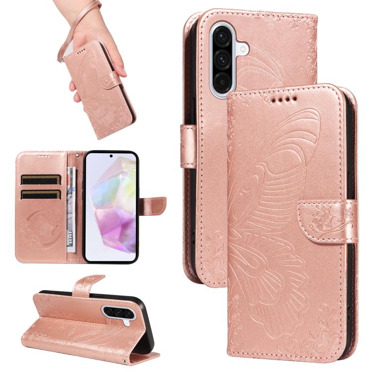 Funda de cuero con relieve de mariposa para Samsung Galaxy A36 5G / M56 5G (oro rosa)