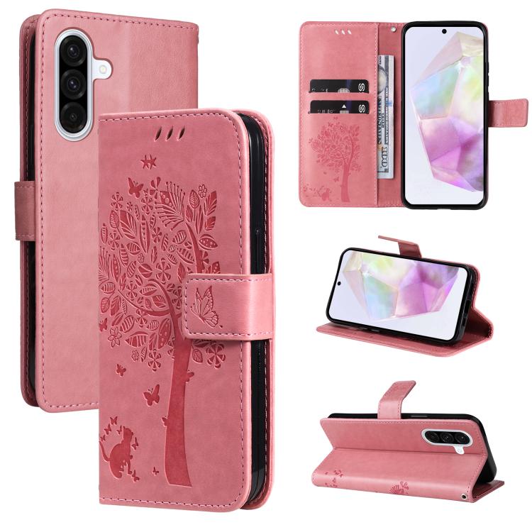 Funda de cuero con tapa y estampado de árbol y gato para Samsung Galaxy A36 5G / M56 5G (rosa)