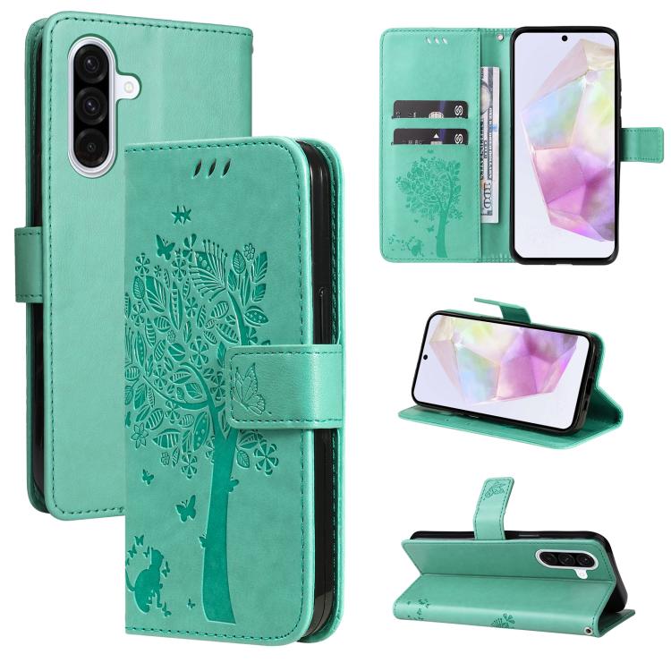 Funda de cuero con tapa y estampado de árbol y gato para Samsung Galaxy A36 5G / M56 5G (verde)