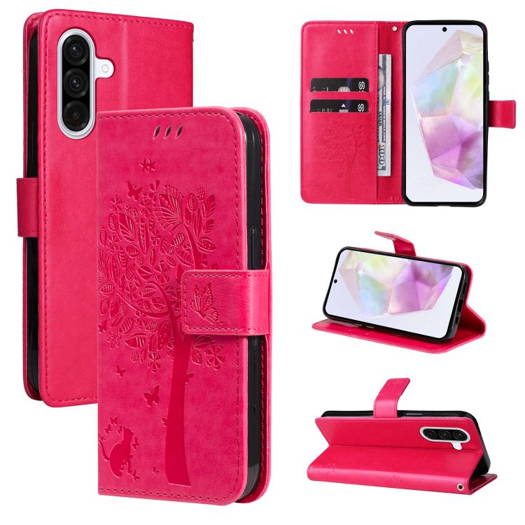 Funda de cuero con tapa y estampado de árbol y gato para Samsung Galaxy A36 5G / M56 5G (rosa)