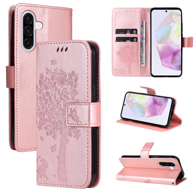 Funda de cuero con tapa y estampado de árbol y gato para Samsung Galaxy A36 5G / M56 5G (oro rosa)