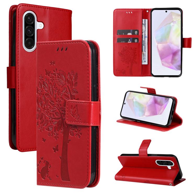Funda de cuero con tapa y estampado de árbol y gato para Samsung Galaxy A56 5G (roja)