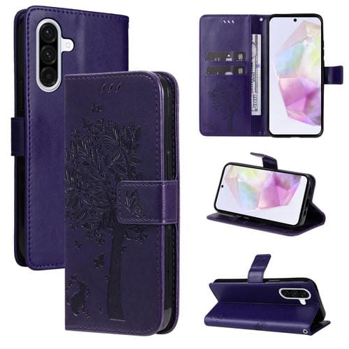 Funda de cuero con tapa y estampado de árbol y gato para Samsung Galaxy A56 5G (morado)
