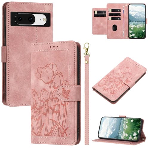 Funda de Cuero con Relieve de Tulipanes para Google Pixel 8A con Cordón (Rosa)