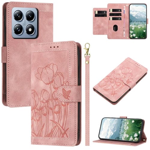 Funda de Piel con Relieve de Tulipanes para Xiaomi 14T Pro con Cordón (Rosa)