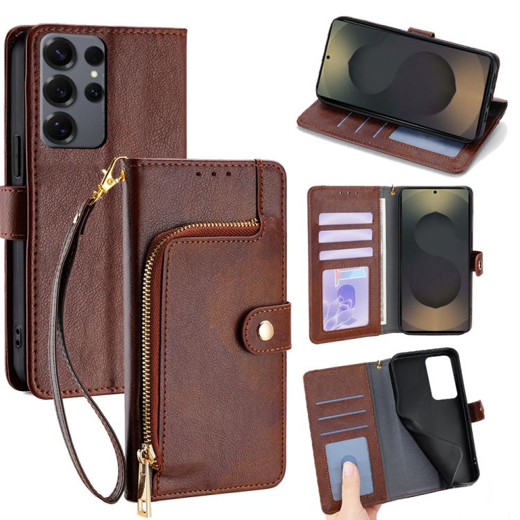 Funda de cuero con cremallera para Samsung Galaxy S25 Ultra 5G (marrón)
