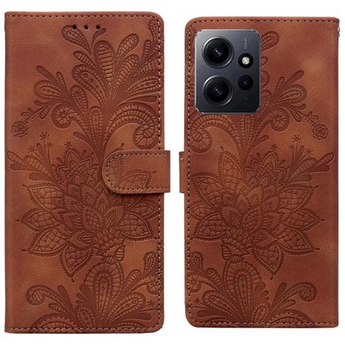 Funda de Teléfono con Hebilla Magnética y Encaje Floral En Relieve para Redmi Note 12 4G Global (Marrón)