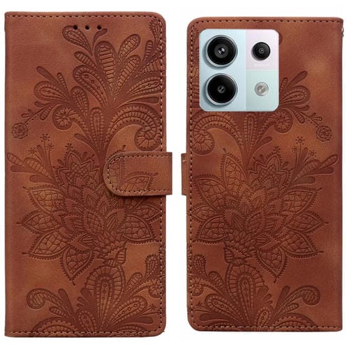 Funda de Teléfono con Hebilla Magnética y Encaje Floral En Relieve para Redmi Note 13 Pro 4G (Marrón)