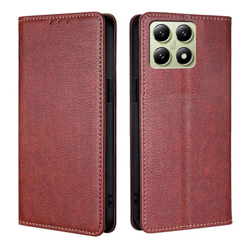 Funda De Cuero Magnética Para Teléfono Xiaomi 14T 5G Con Acabado Brillante Y Color Sólido (Marrón)