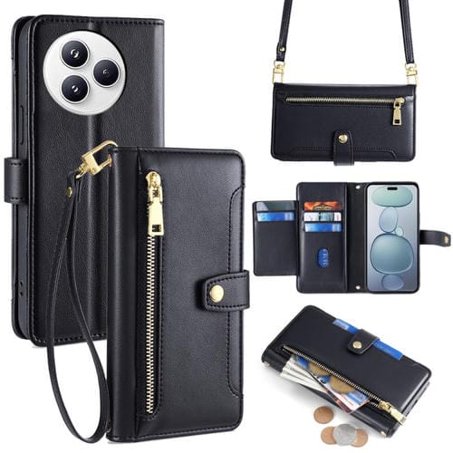 Funda de cuero tipo cartera con cremallera y textura de oveja para Xiaomi Civi 5 Pro 5G (negra)