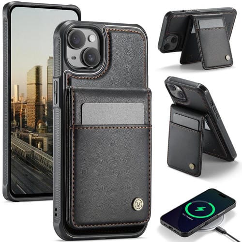 Funda de Pu para iPhone 15 Jeehood J06 con Tarjetero Rfid Magsafe Estilo Británico (Negra)