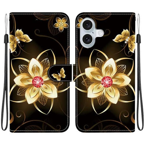Funda de Cuero para iPhone 16 con Dibujo de Colores y Textura de Cristal (Flor Dorada)
