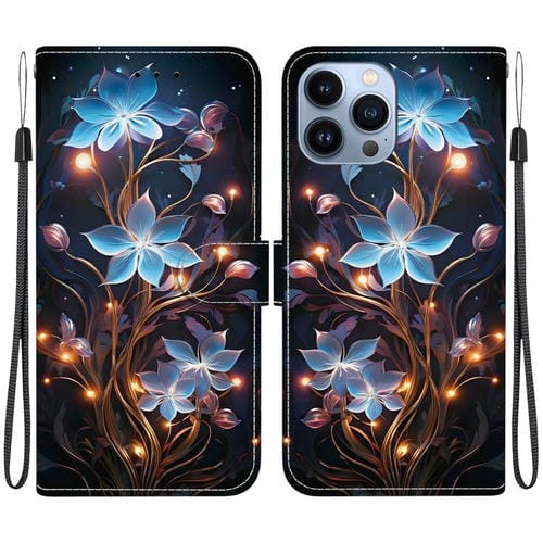 Funda de Cuero iPhone 15 Pro Max Dibujo de Colores Textura de Cristal (Flor de Linterna Pequeña)