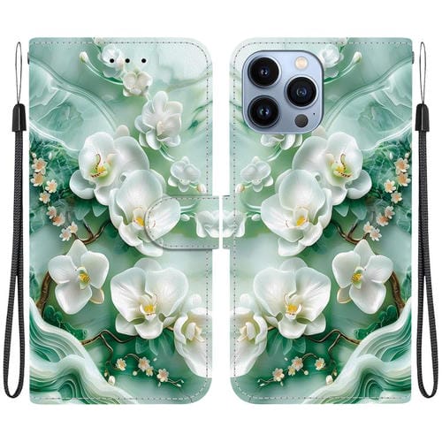 Funda de Cuero para iPhone 15 Pro con Dibujo de Colores y Textura de Cristal (Flores de Jade)