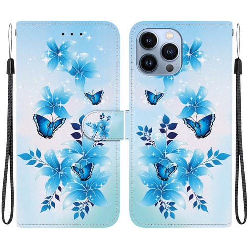 Funda de Cuero para iPhone 14 Pro con Dibujo de Colores y Textura de Cristal (Mariposas Azules)