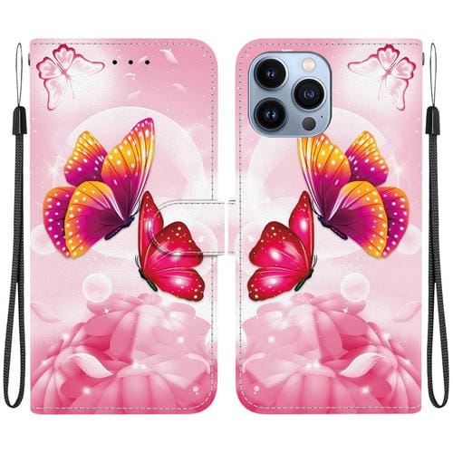 Funda de Cuero para iPhone 13 Pro con Dibujo de Colores y Textura de Cristal (Mariposas Rosas)