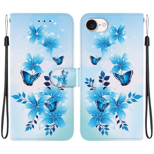 Funda de Cuero para iPhone 16E con Dibujo de Colores y Textura de Cristal (Mariposas Azules)